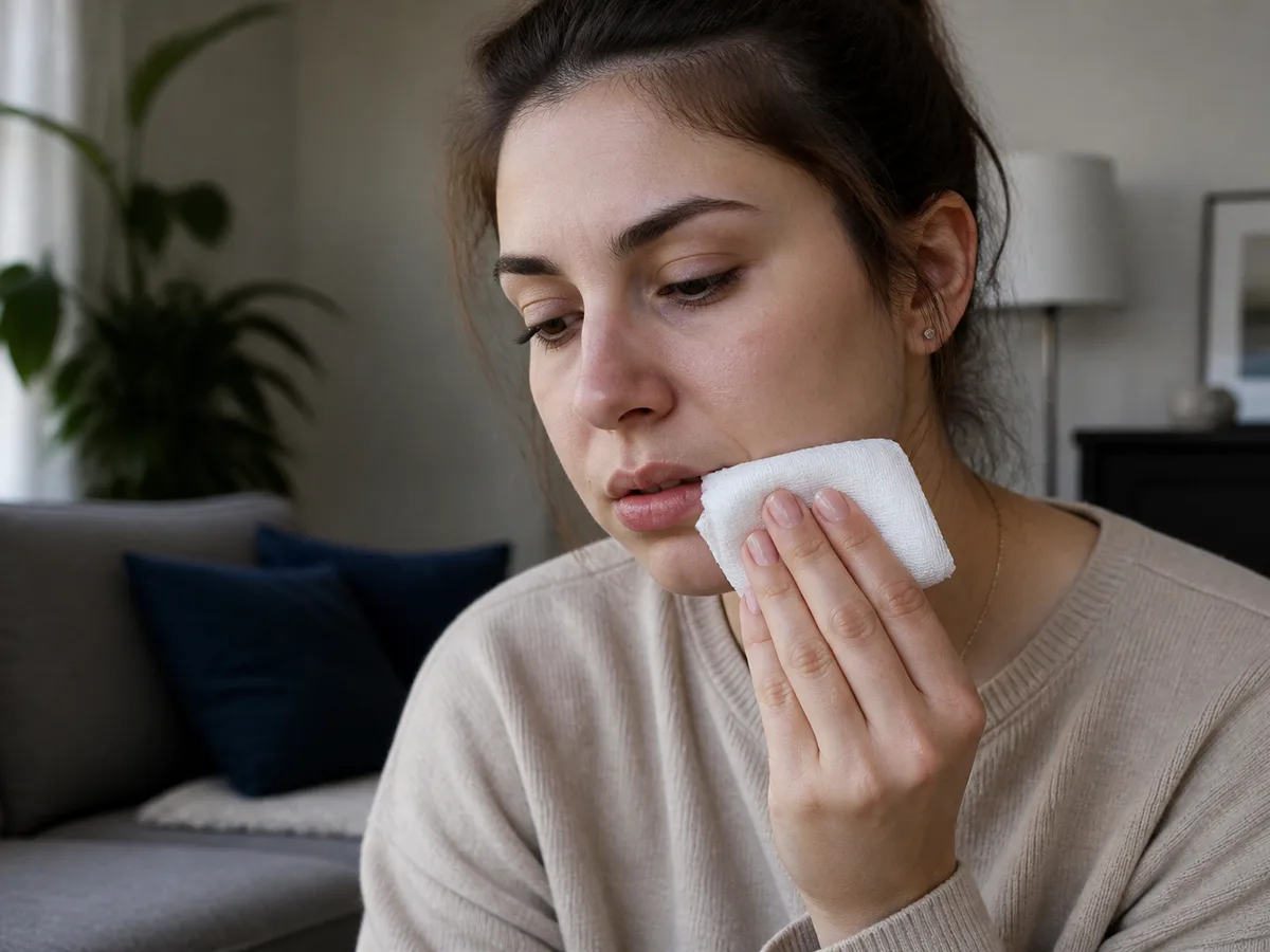 Patient biting on folded gauze after a dental extraction