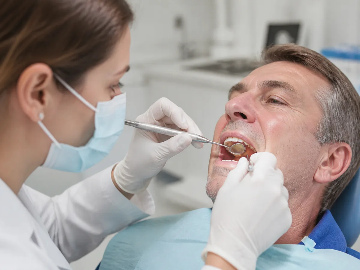 Dentist examining the inside of a fallen crown with magnification