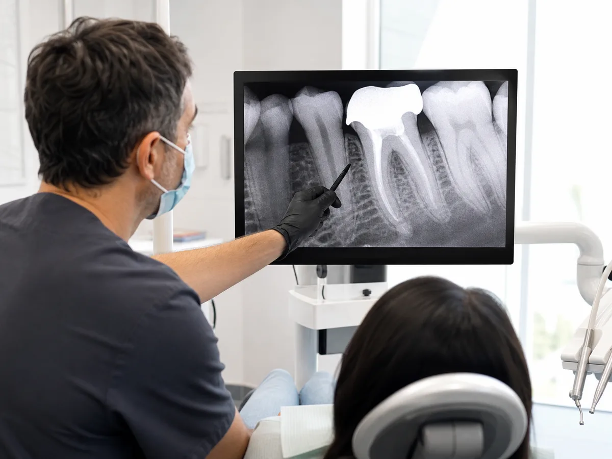 Dentist examines an X-ray for signs of root canal retreatment need