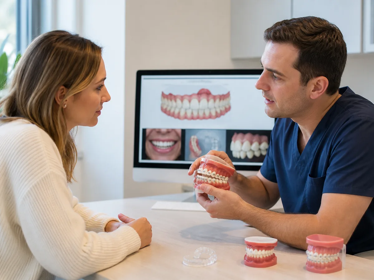 Adult patient smiling with discreet ceramic braces during a follow-up visit