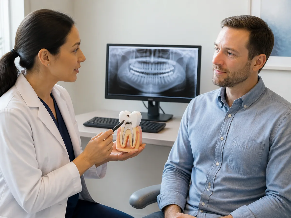 Dentist explaining a small filling as the repair path for a cavitated tooth