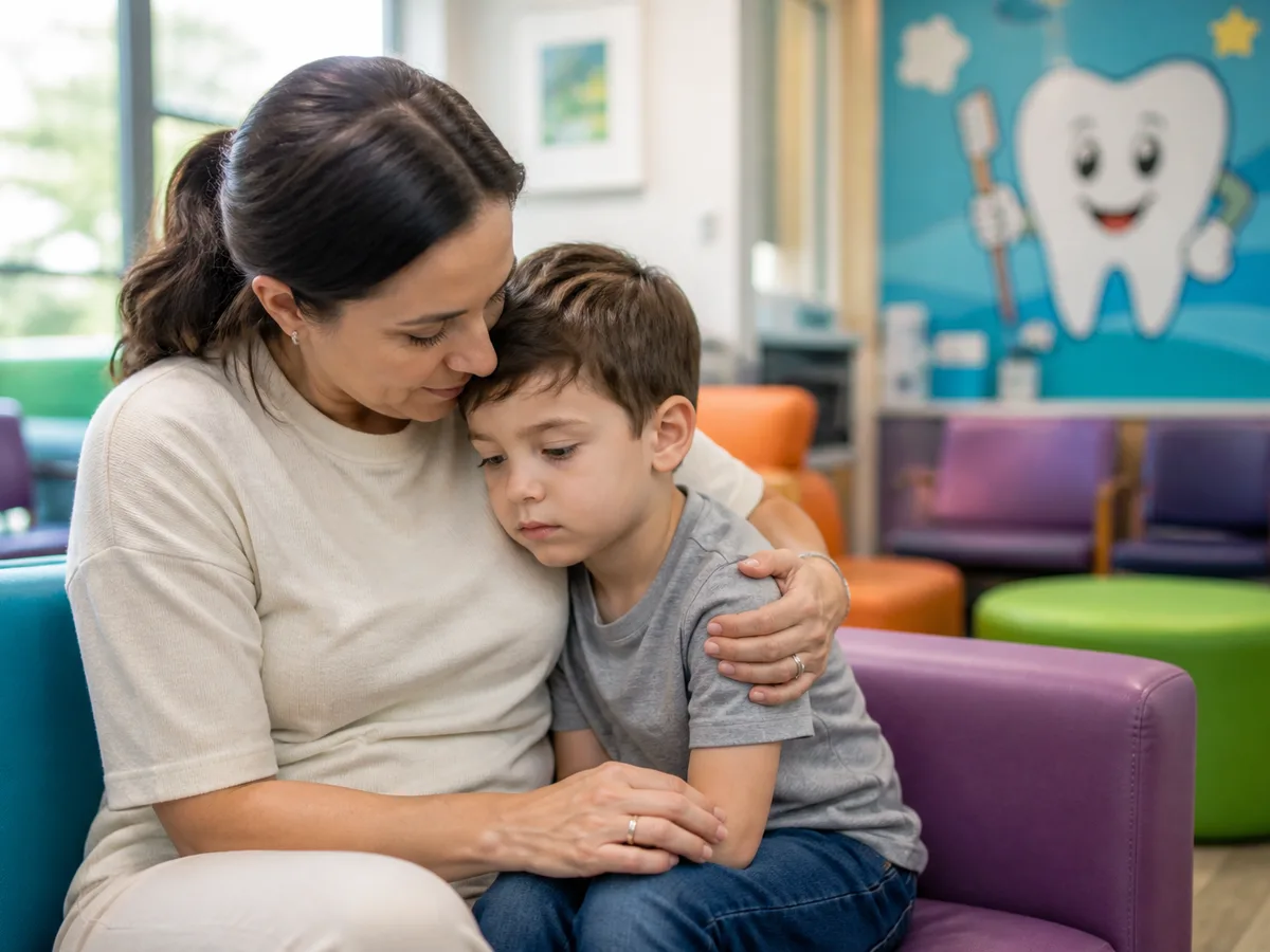 Parent reading a calm picture book about a dental visit with a young child at home