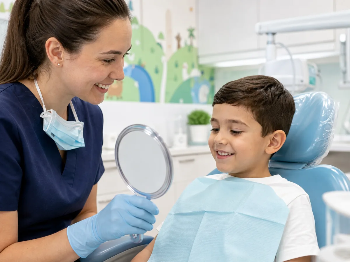 Pediatric dental team guiding a child through a slow, explained exam with a parent nearby