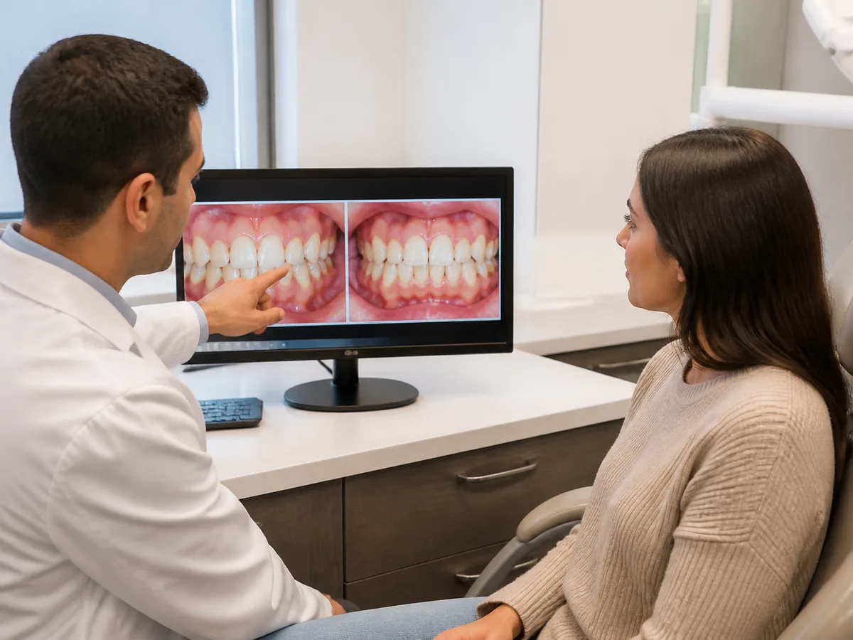 Patient reviewing crowded-tooth aligner options with an orthodontist