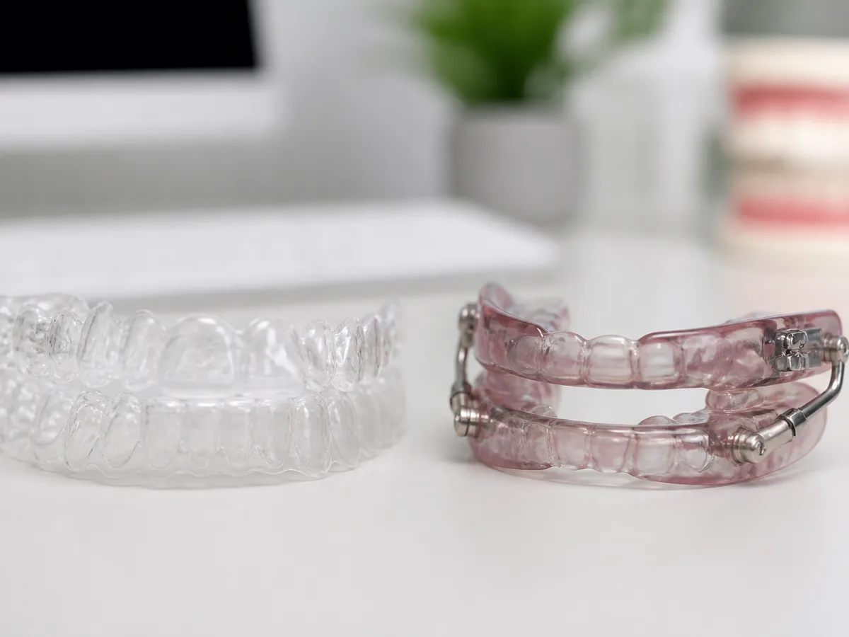 Clear aligner trays contrasted with a bulkier custom mandibular advancement sleep appliance