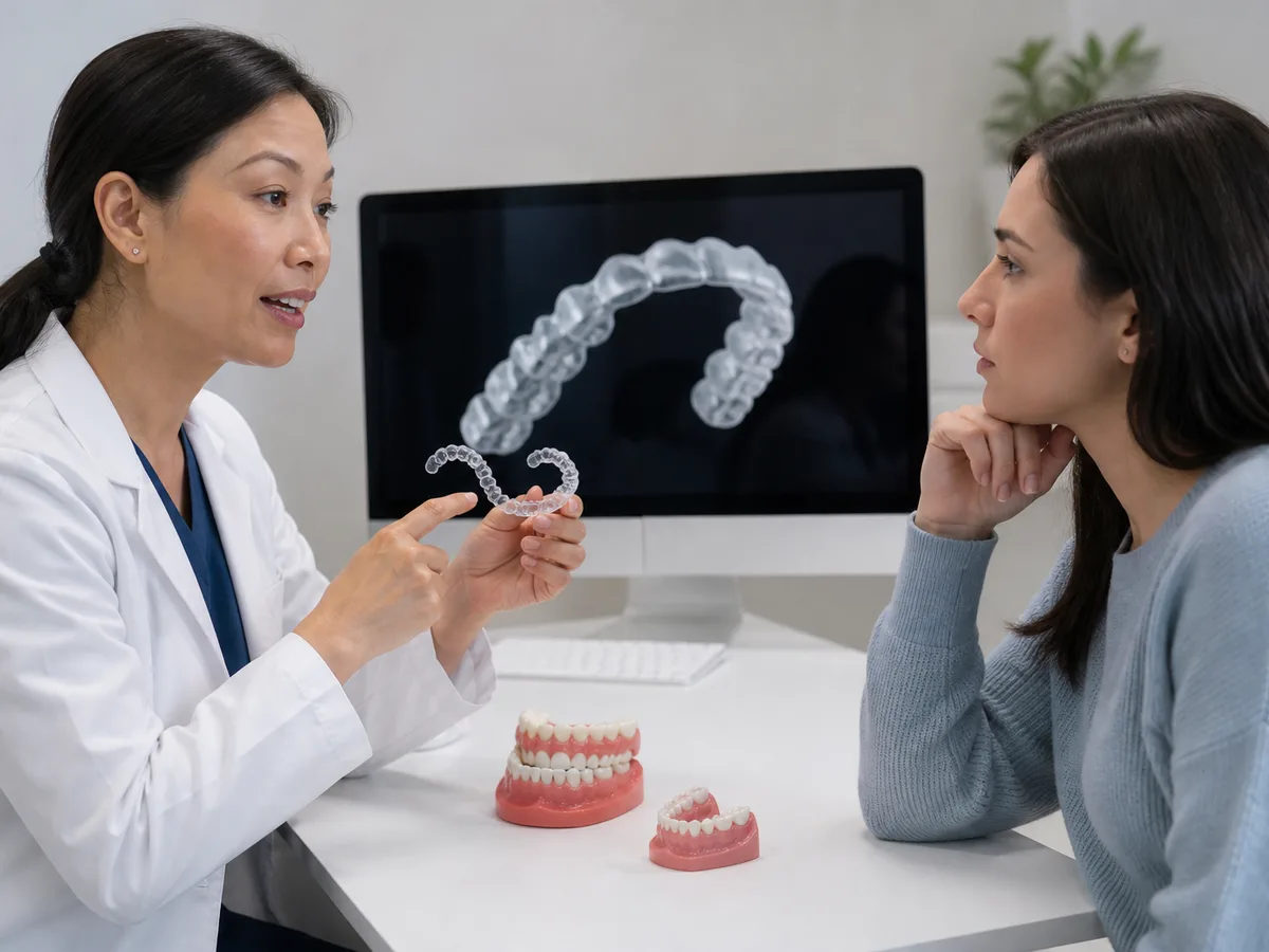 Orthodontist and patient reviewing aligner goals while noting separate sleep apnea therapy plans