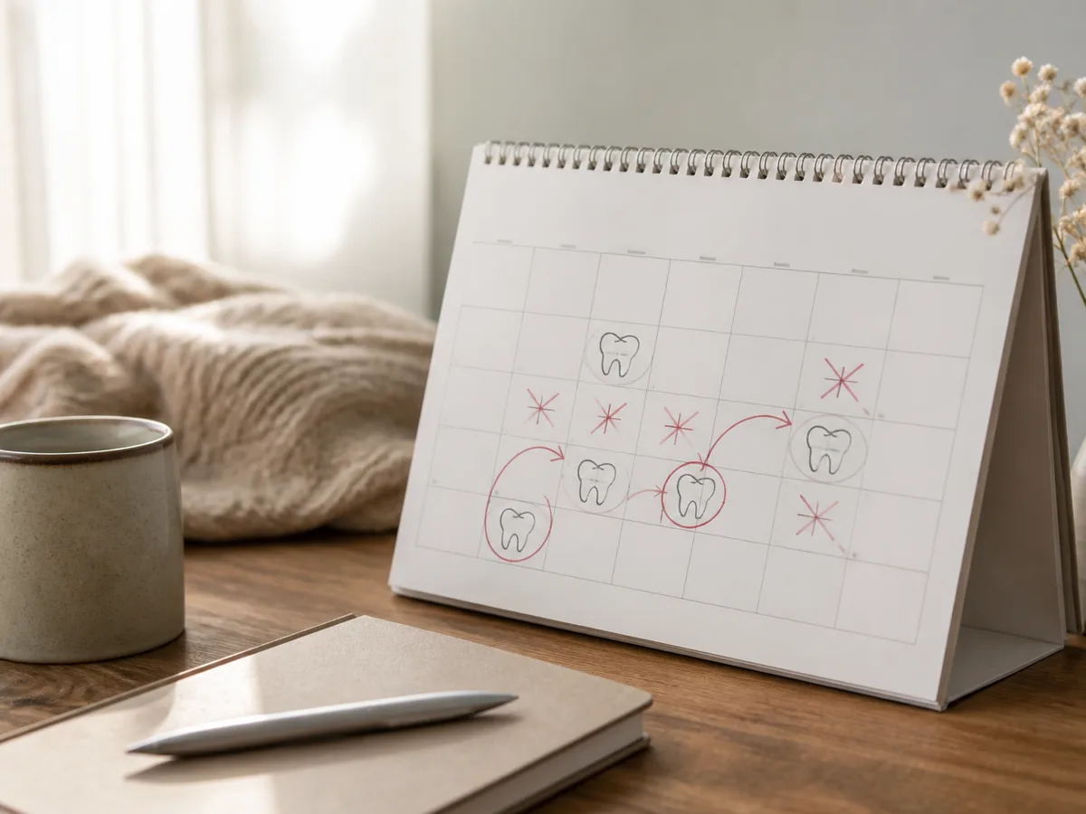 Calendar with repeated dental cancellations beside a notepad listing fear triggers