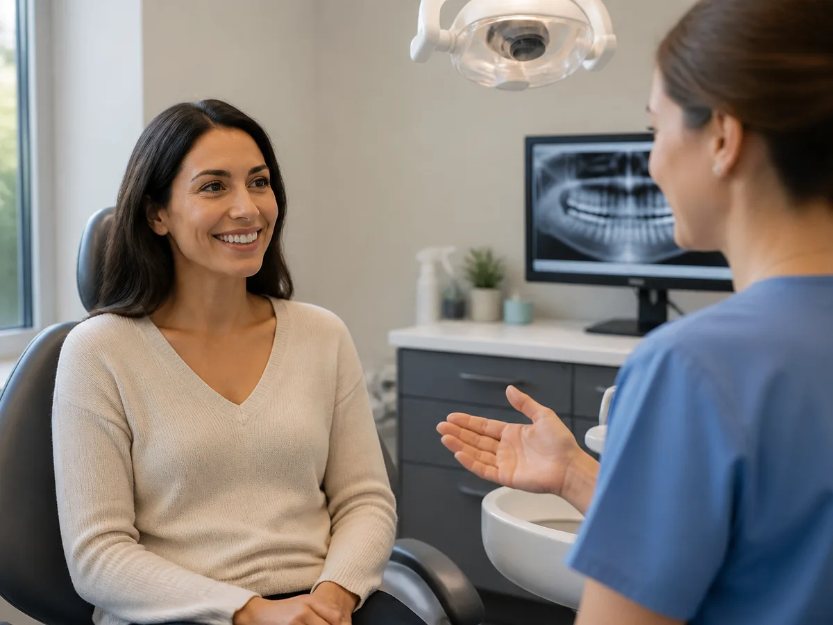 Supportive dentist outlining a short restart visit for a patient with rising dental fear