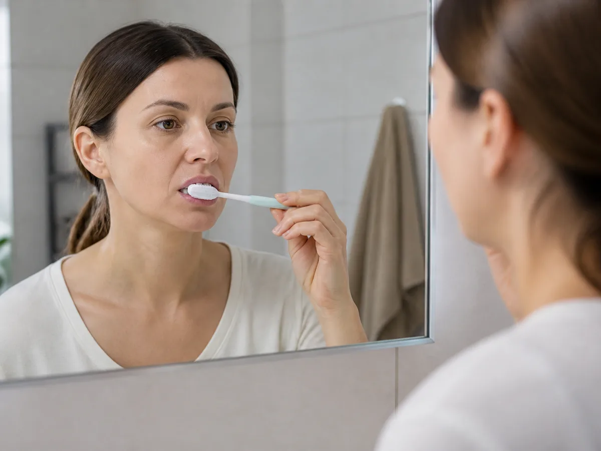 Soft-bristle toothbrush and toothpaste ready for gentle cleaning after extraction