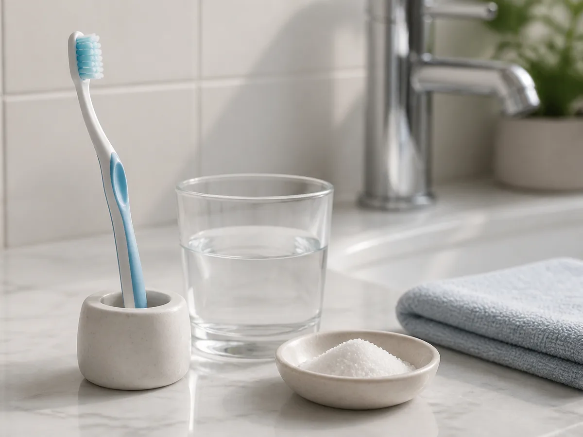 Gentle saltwater rinse demonstrated after tooth extraction healing begins