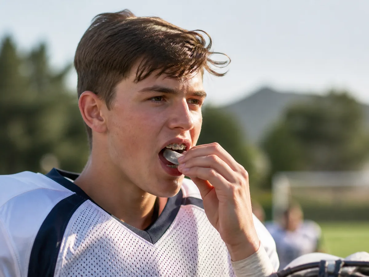 Orthodontic mouthguard fitted over braces on a dental model