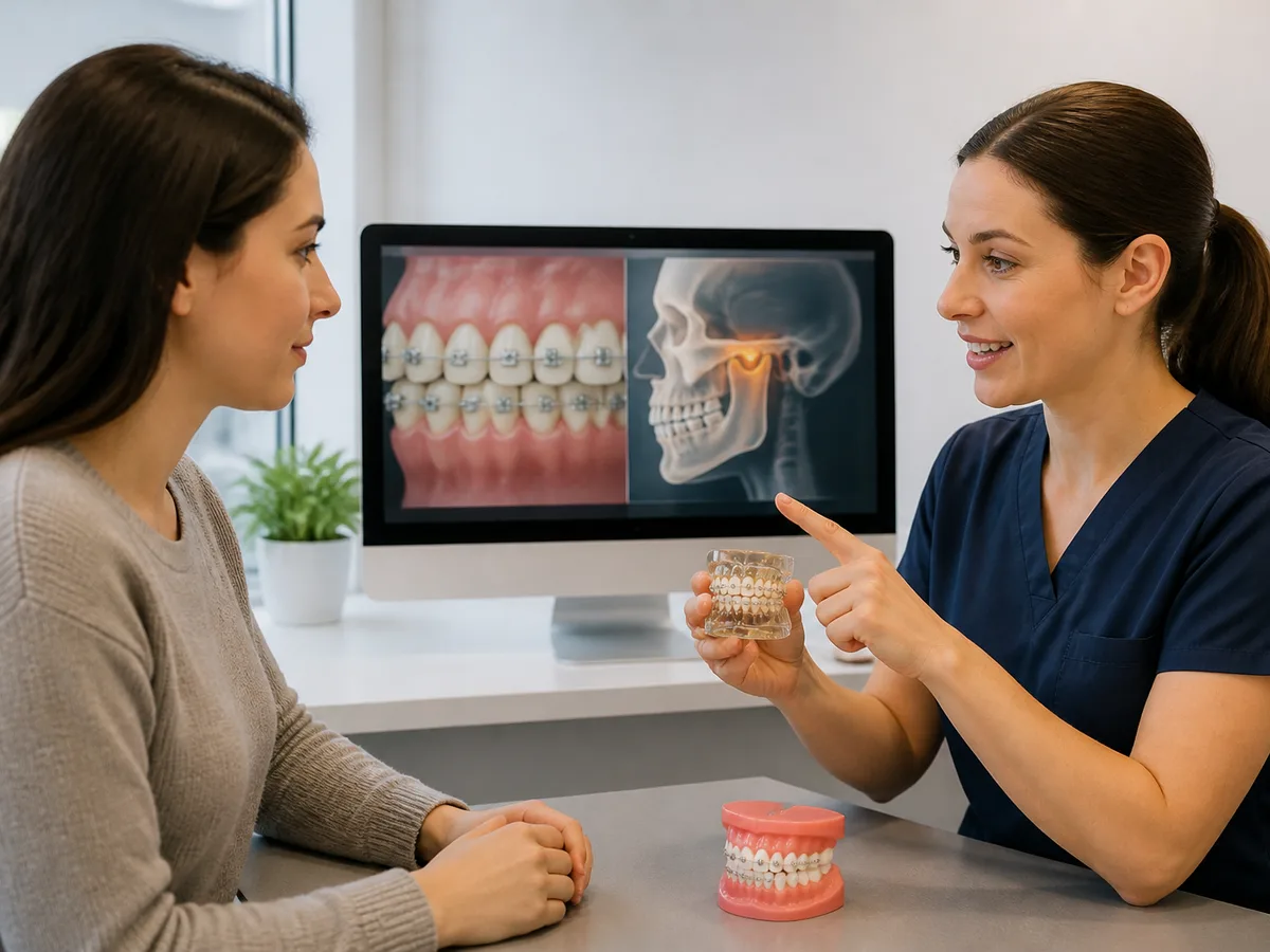 Orthodontist reviewing bite alignment while discussing realistic TMJ expectations