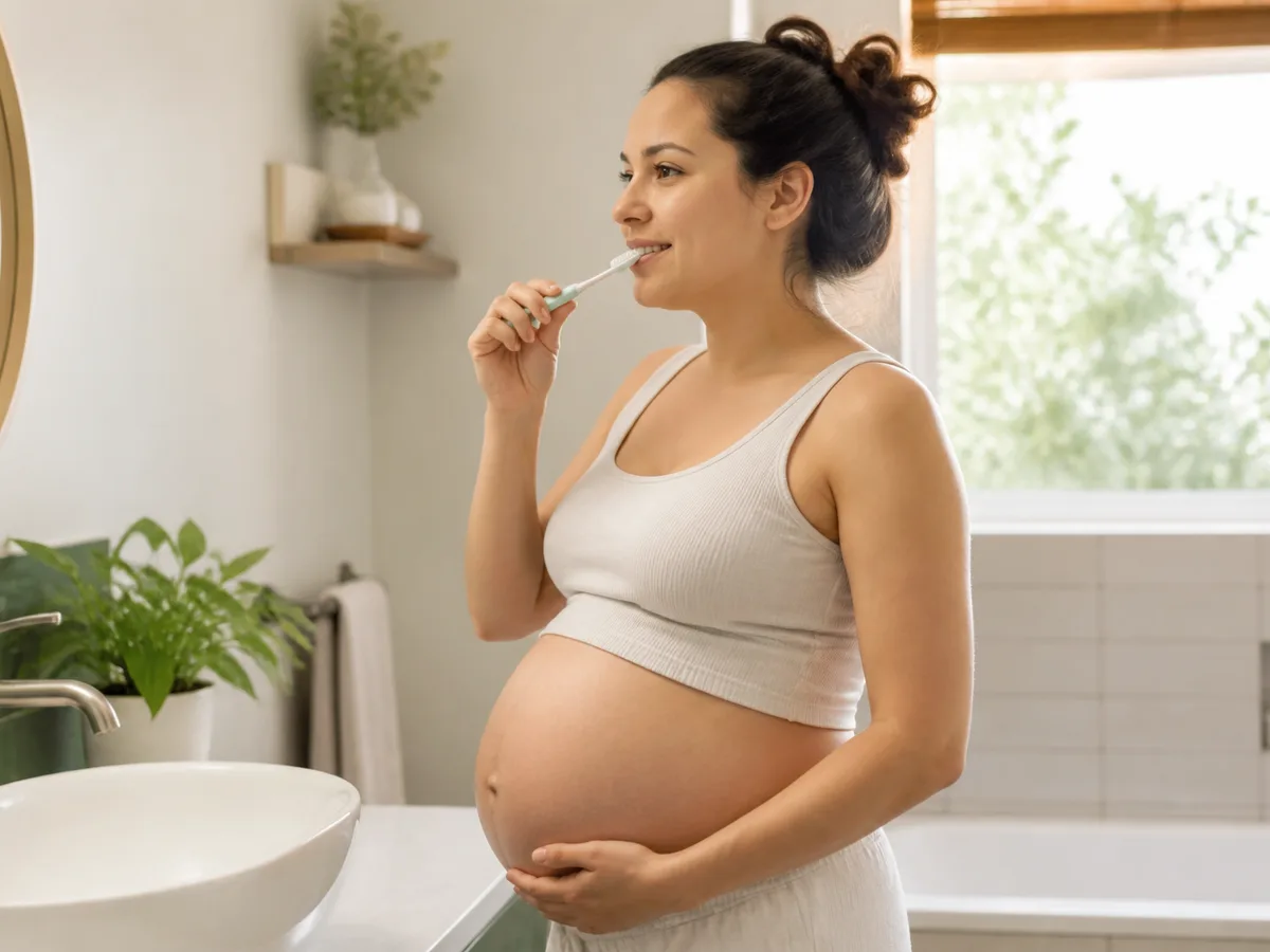 Dental hygienist polishing teeth for a pregnant patient
