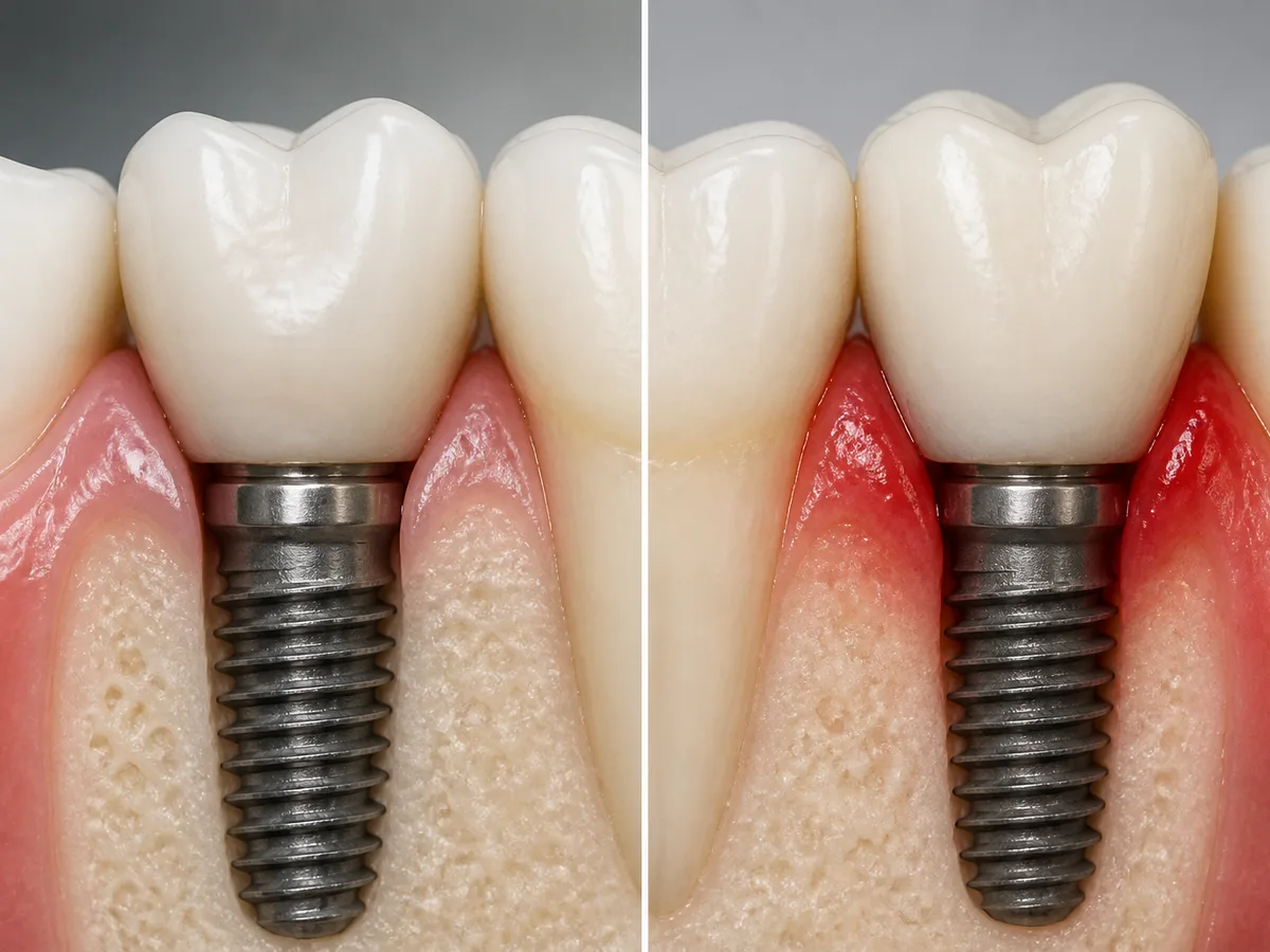 Healthy pink gums around a dental implant crown contrasted with irritated peri-implant tissue
