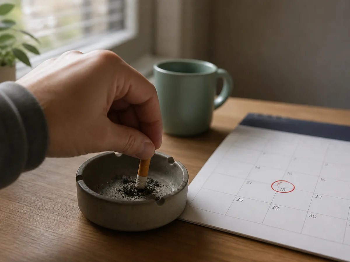 Person crushing out a cigarette next to a calendar marking a dental implant surgery date