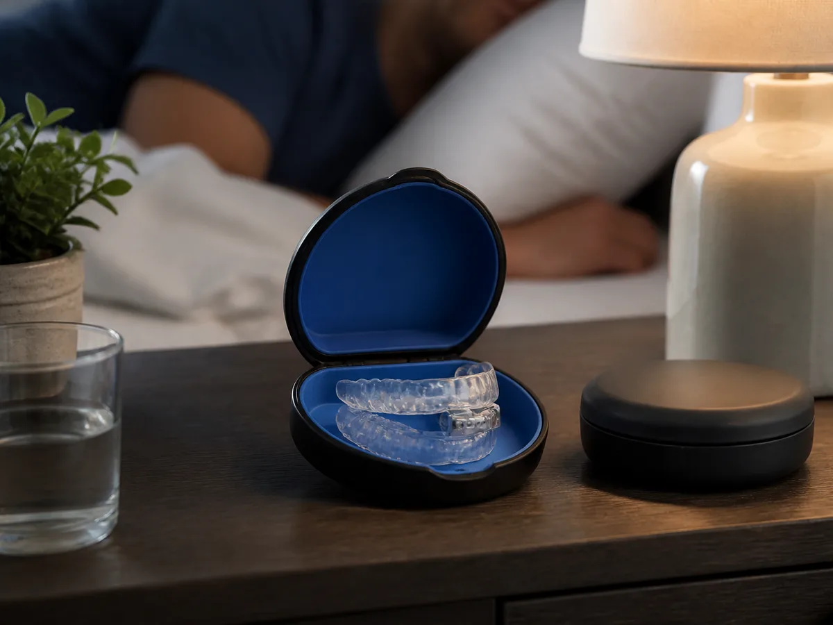 Dentist fitting a custom oral appliance aimed at reducing medically screened snoring