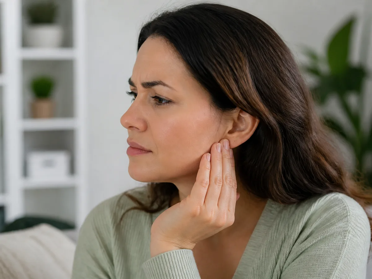Gentle self-palpation in front of the ear to compare joint tenderness with ear-canal pain
