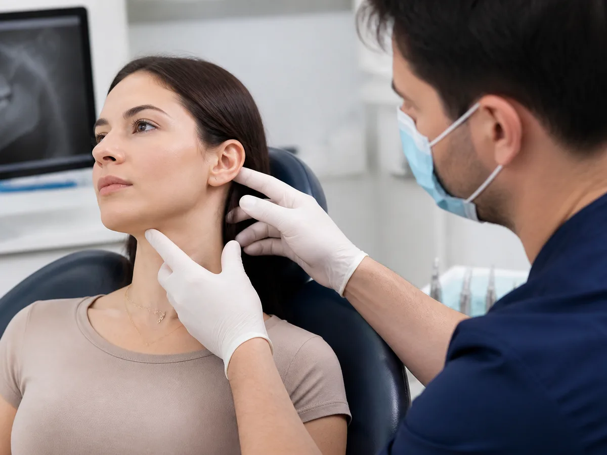 Dentist and patient discussing ear-area pain that may relate to the TMJ