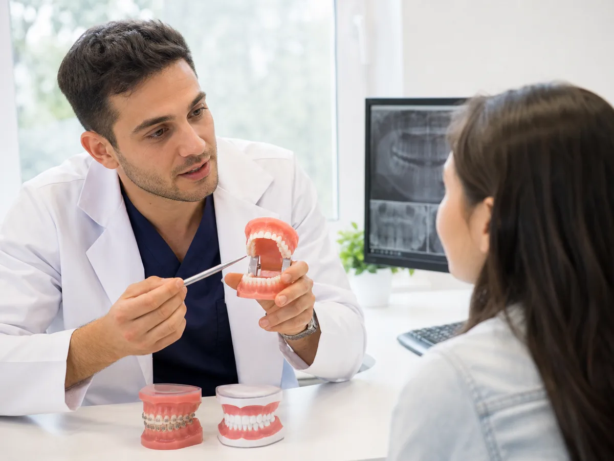 Dentist reviewing bite marks before deciding between veneers and orthodontics