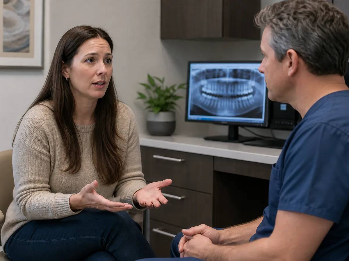 Dental team reviewing sedation consent and health screening with a nervous adult patient