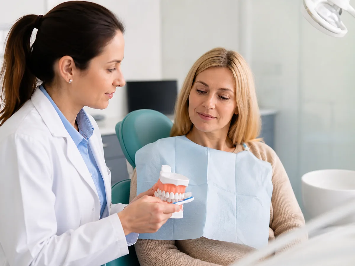 Dentist pointing to a toothbrush abrasion notch near a premolar gumline