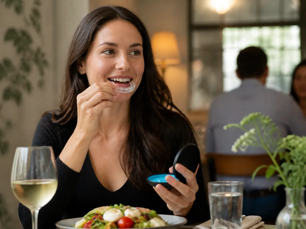 Person placing clear aligners into a protective case before a meal