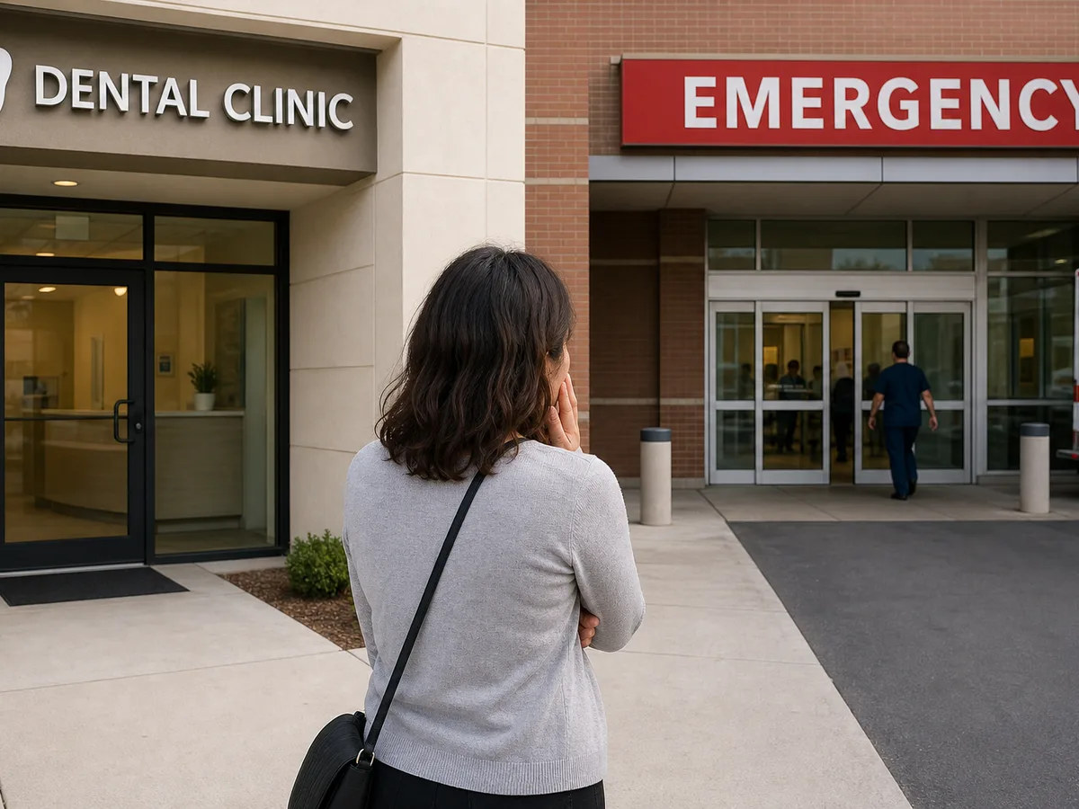 Dentist reviewing ER discharge papers before treating tooth pain