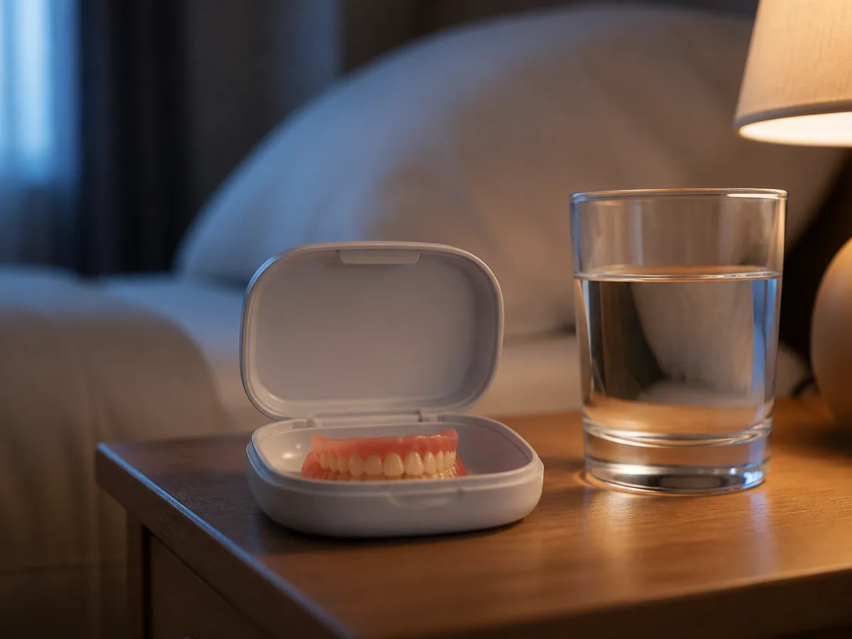 Clean dentures resting in a moist storage case overnight on a bathroom shelf
