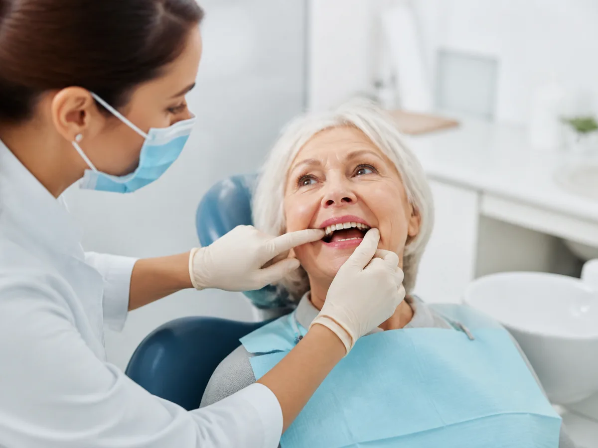Dentist examining gum tissue under a full denture for overnight wear irritation