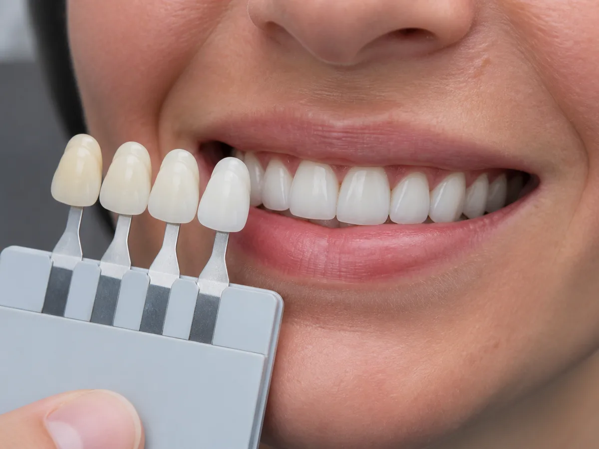 Dentist comparing natural tooth whitening shade with existing veneer shade tab