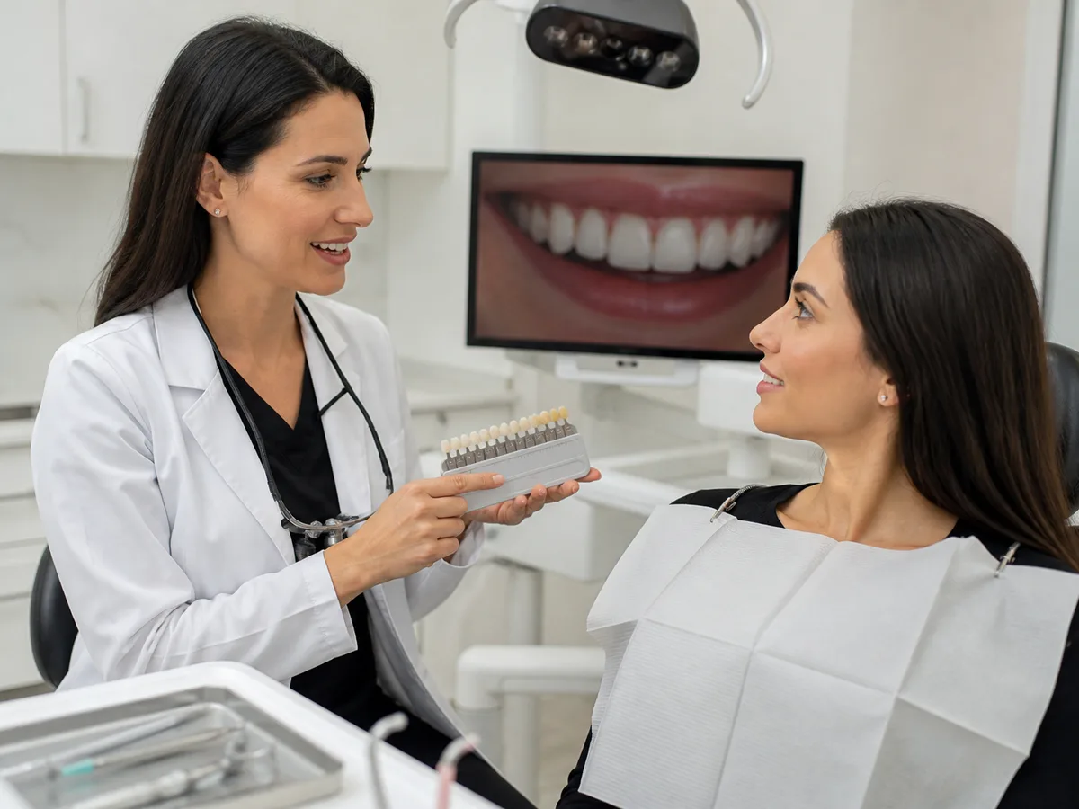 Patient reviewing veneer replacement shades after natural tooth whitening
