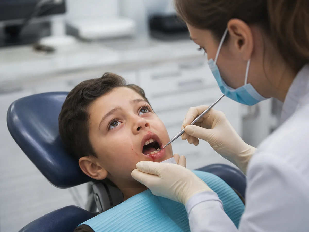 Caregiver calling a dentist while a knocked-out tooth is stored in milk