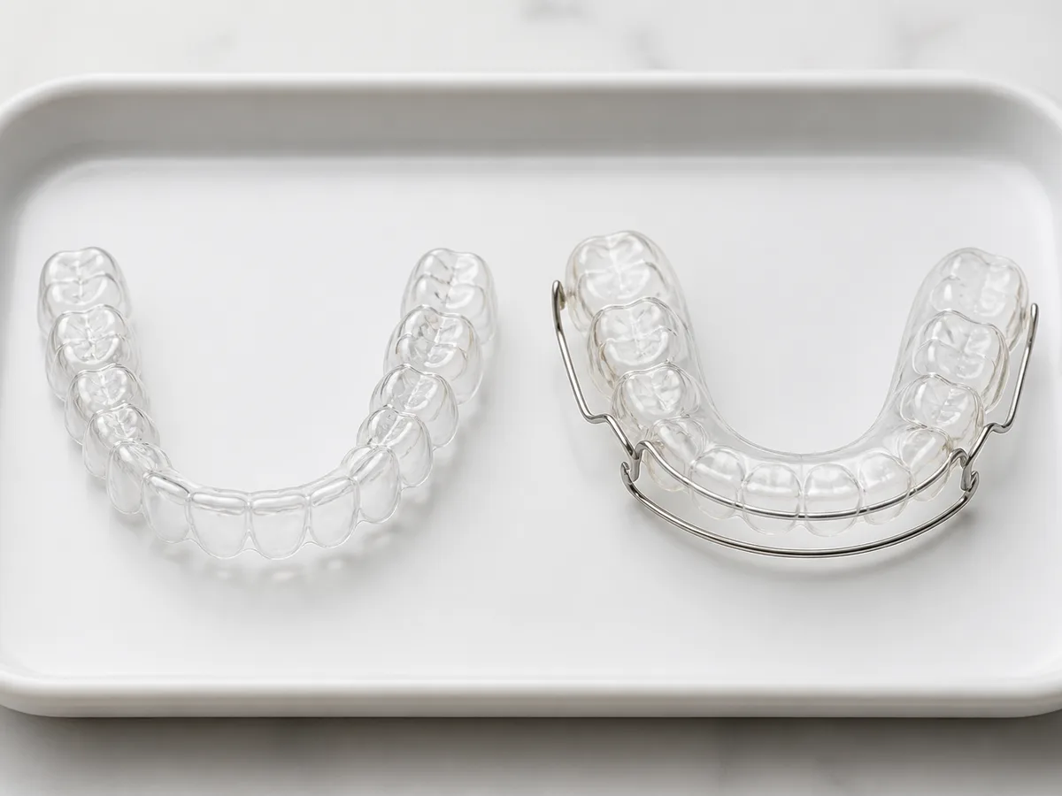 Orthodontic assistant explaining aligner trays versus retainer wear to a patient