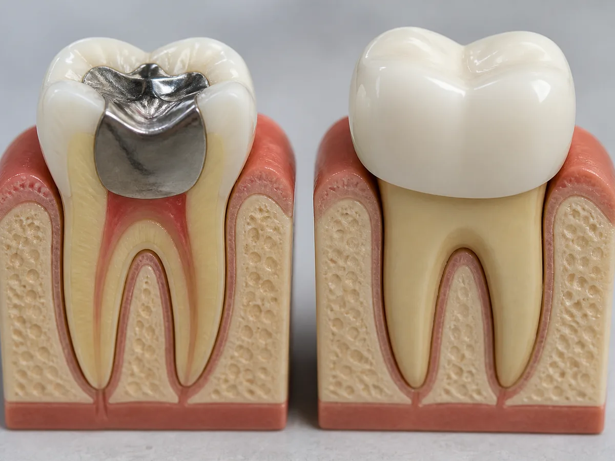 Dentist comparing a small filling and full crown preparation on molar models