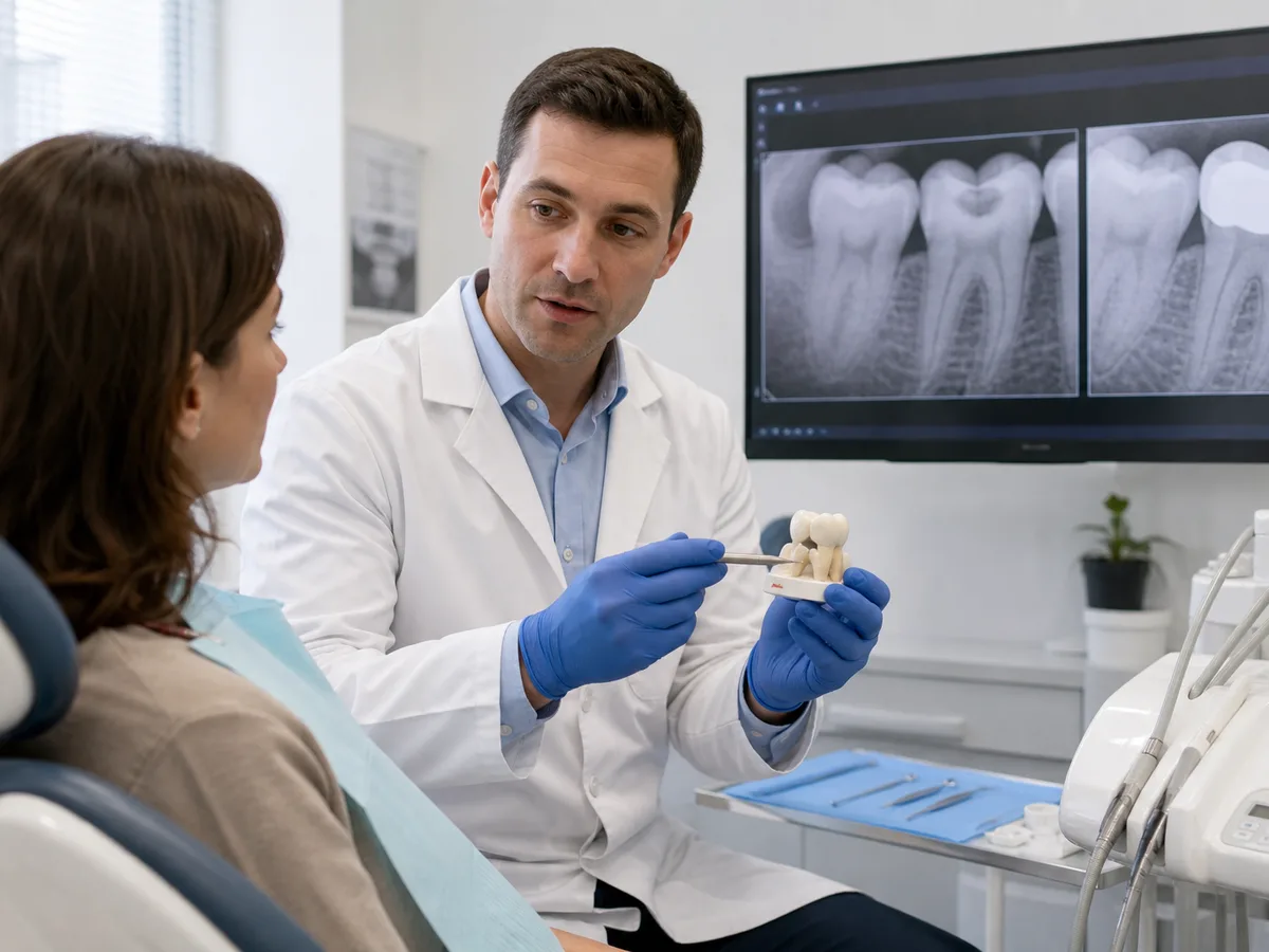 Patient looking at an intraoral image that shows thin enamel beside an old filling