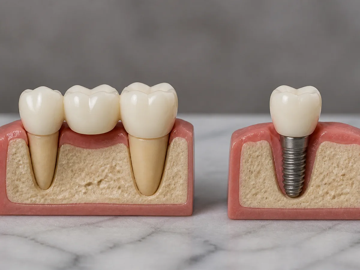 Dentist comparing three-unit bridge and single implant on jaw models