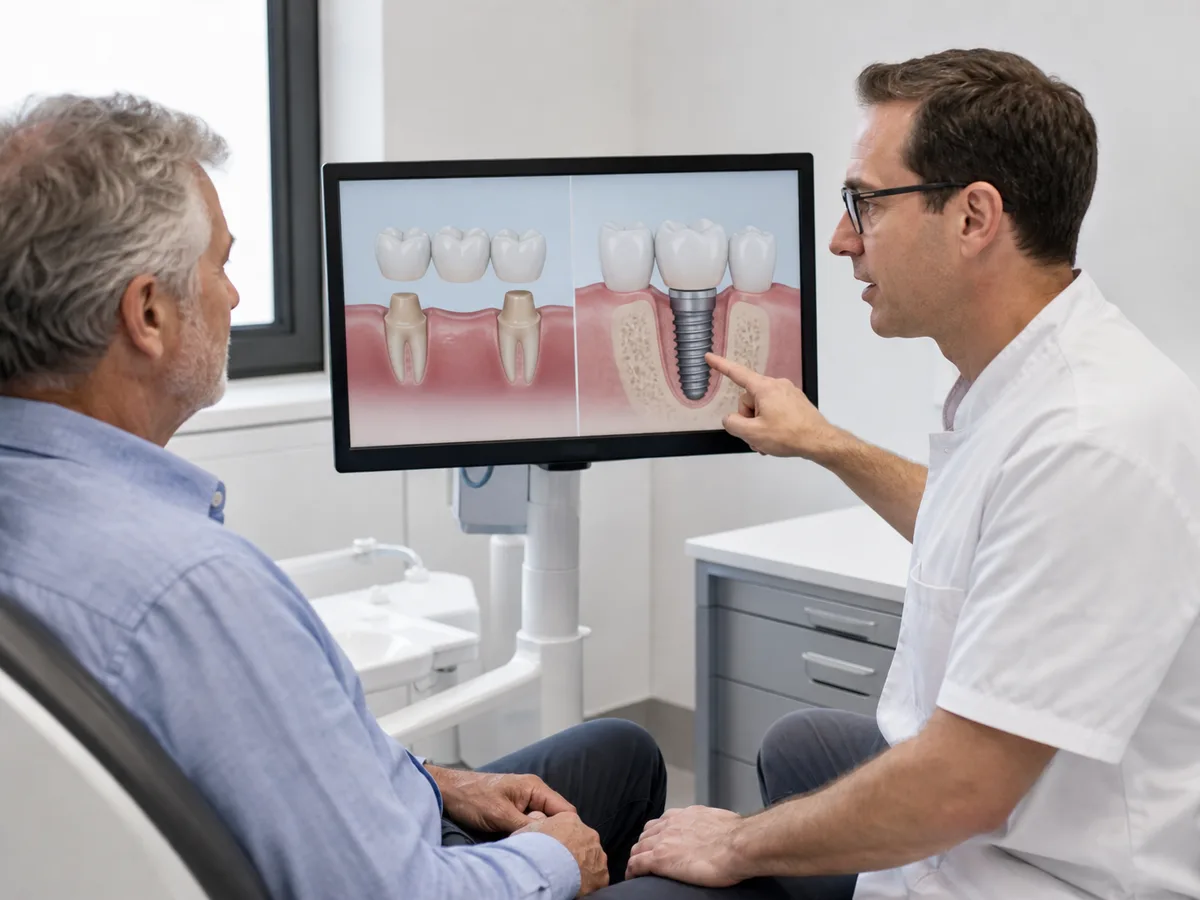 Patient reviewing bridge and implant treatment timelines on a tablet
