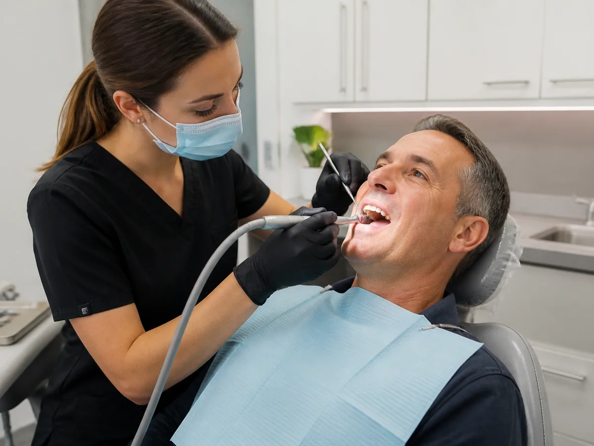 Itemized cash estimate for exam X-rays and dental cleaning at a front desk
