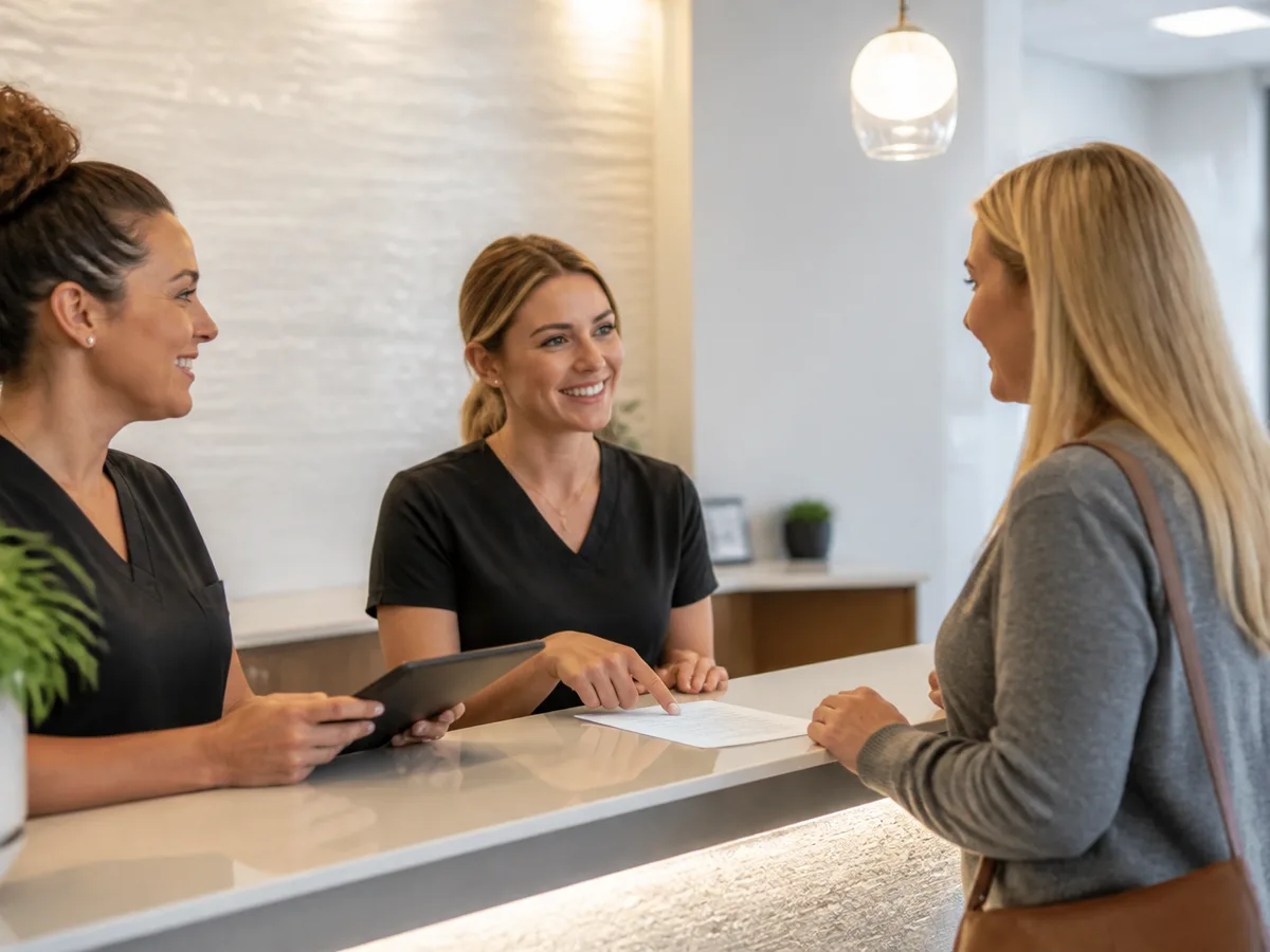 Hygienist explaining cash-pay options after a gum health evaluation