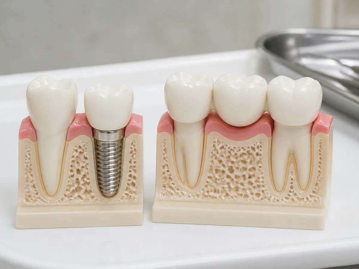 Dental model comparing a single implant crown with a three-unit bridge on adjacent teeth