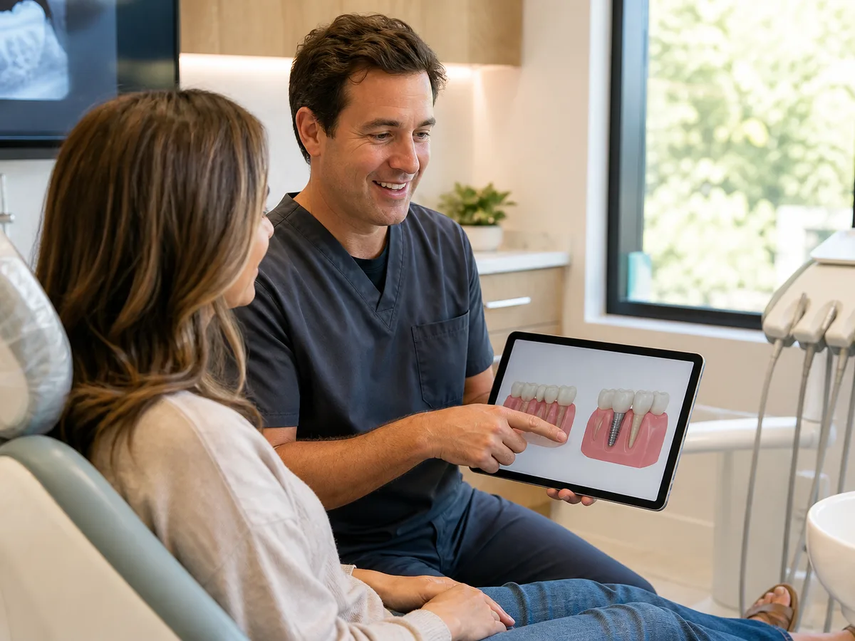 Dentist and patient reviewing implant and bridge options on a chairside screen