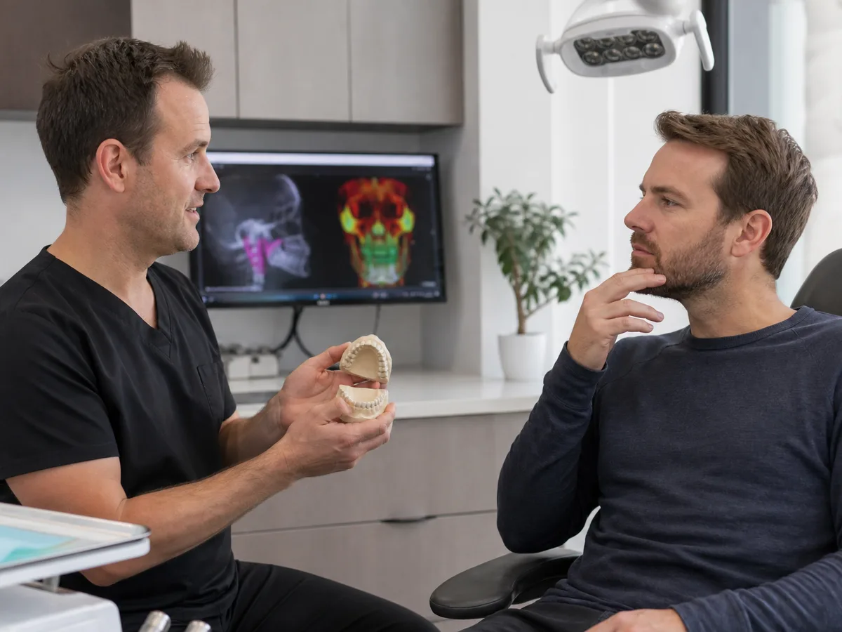 Patient handing a printed sleep-study report to a dentist at a sleep appliance consultation