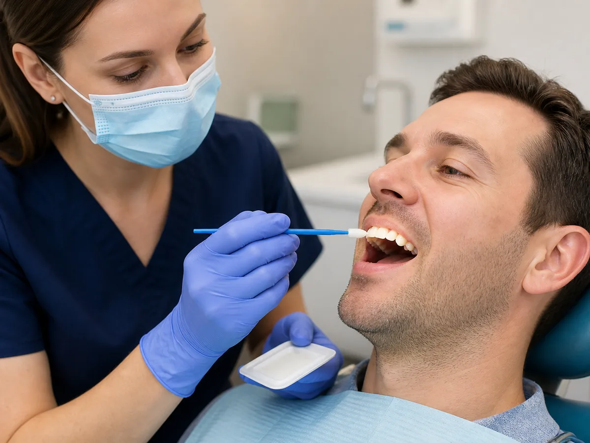 Fluoride varnish being painted onto adult molar surfaces in a dental chair