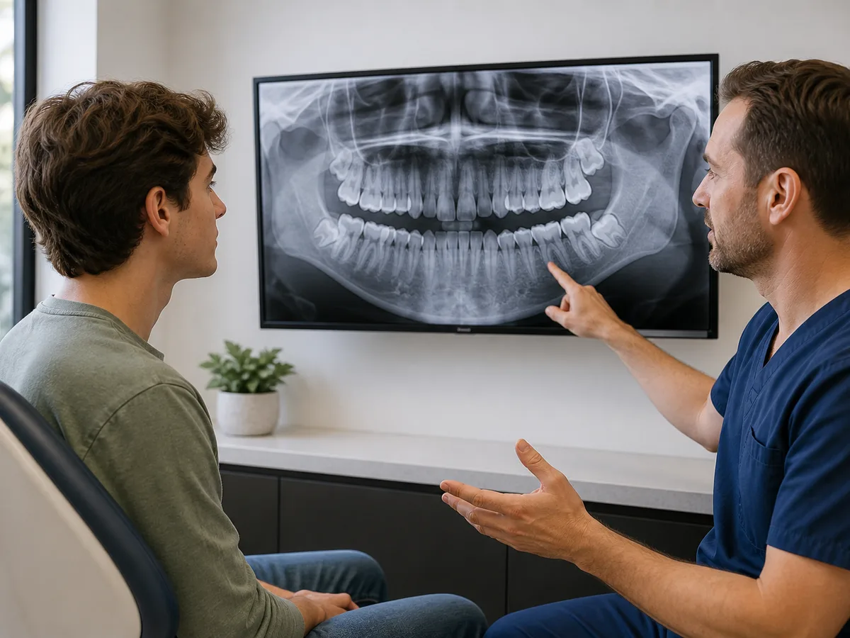Erupted wisdom tooth visible in a healthy dental arch model