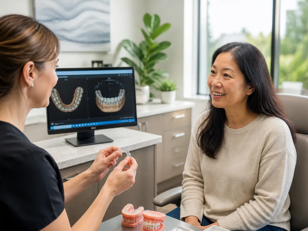 Adult patient and clinician agreeing on a clear aligner treatment plan