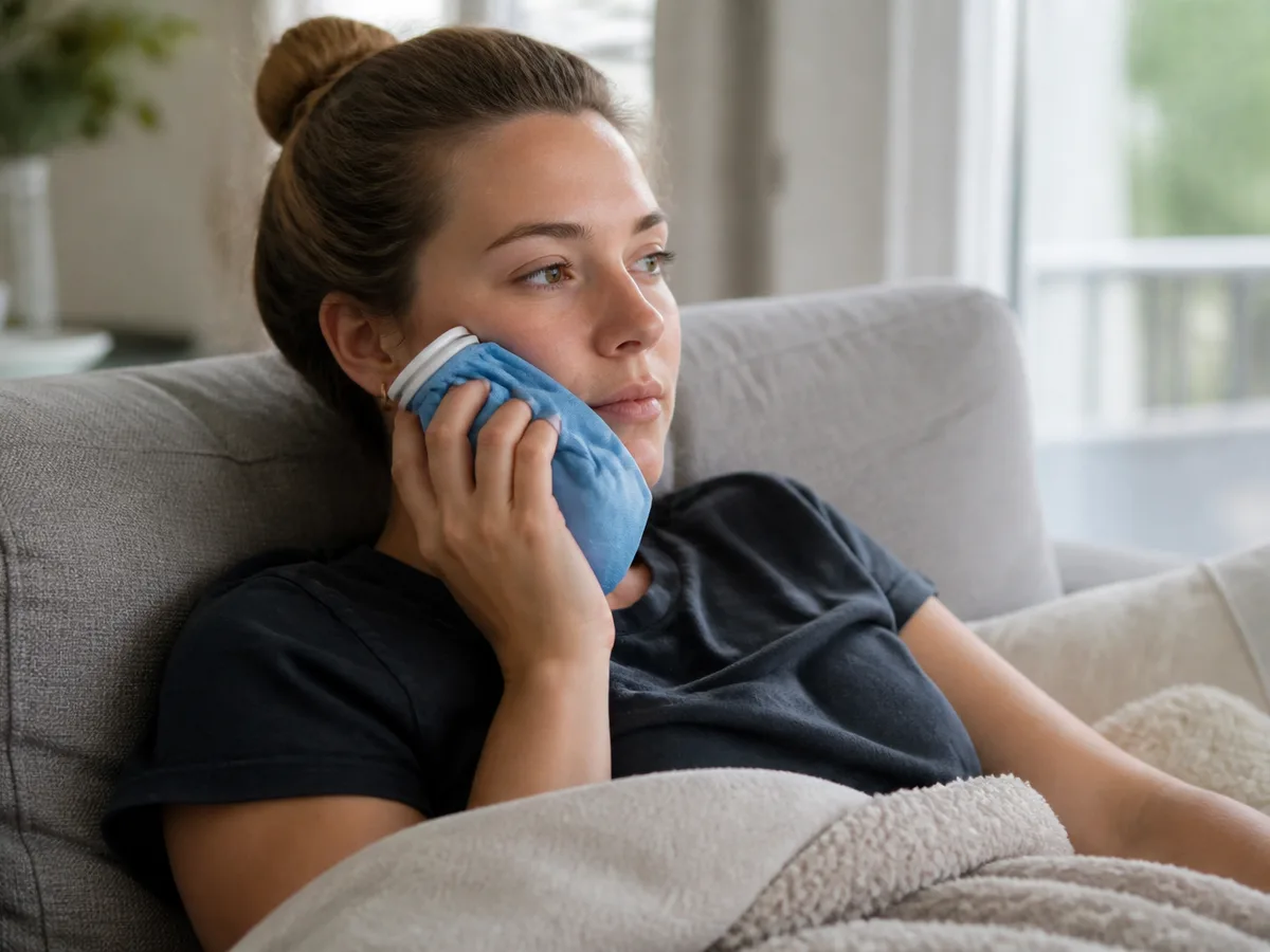 Patient resting at home with a cold pack after dental implant surgery
