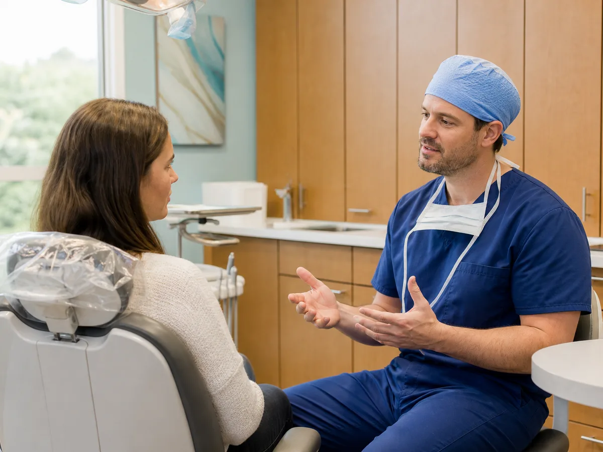Oral surgeon speaking with a reassured patient before dental implant anesthesia
