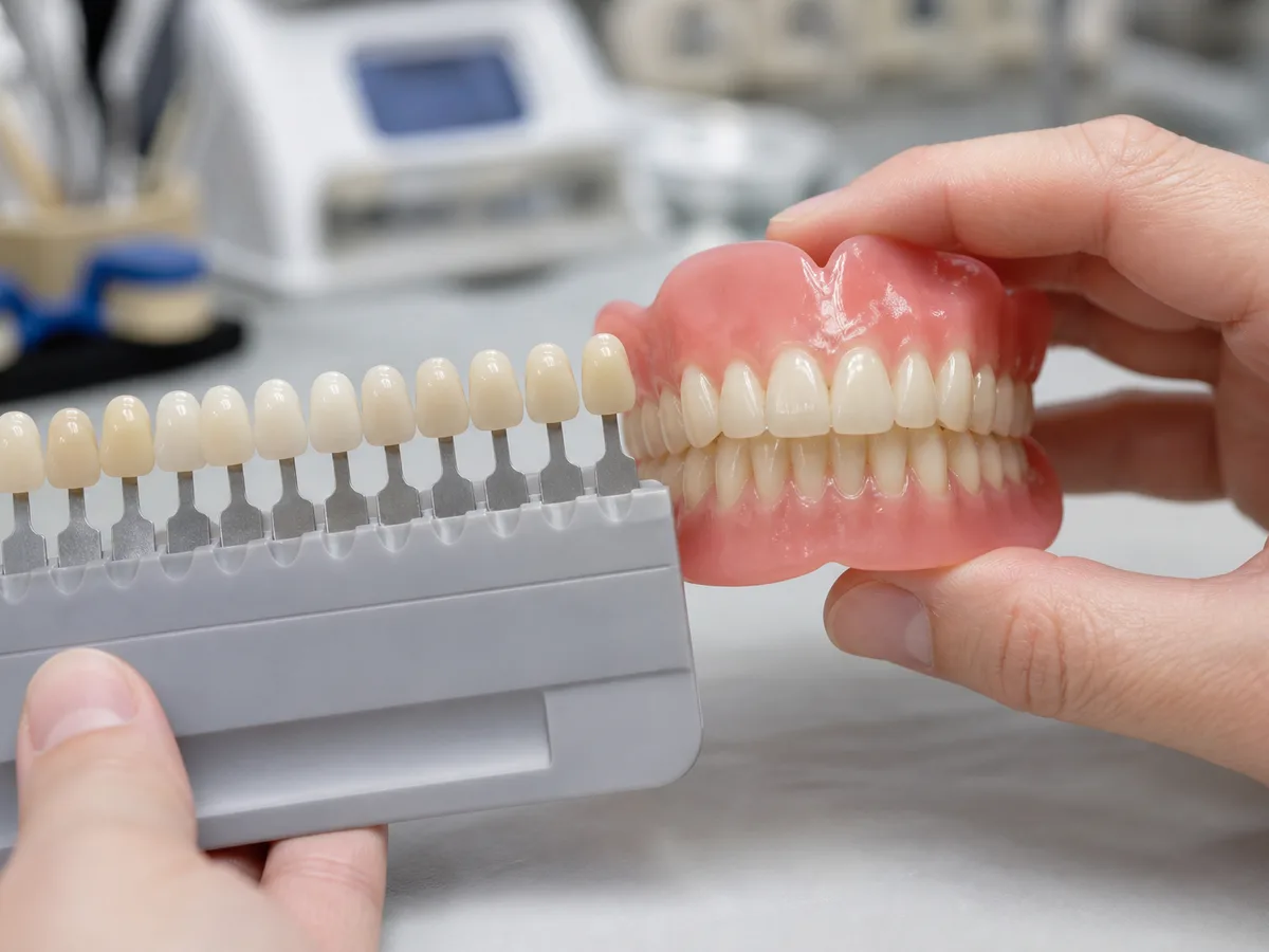 Shade guide held beside natural teeth while planning denture tooth color