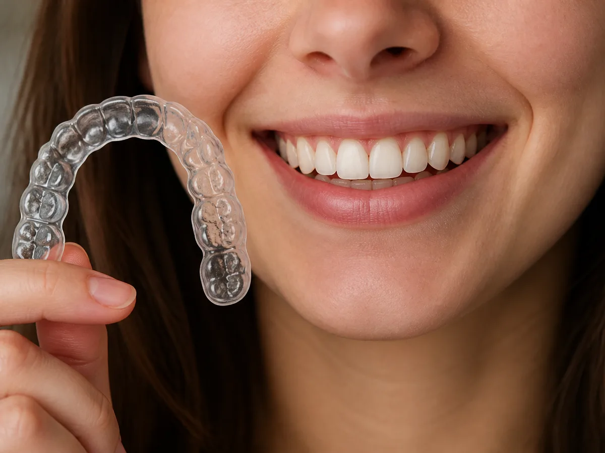 Orthodontist fitting a clear retainer after braces are removed