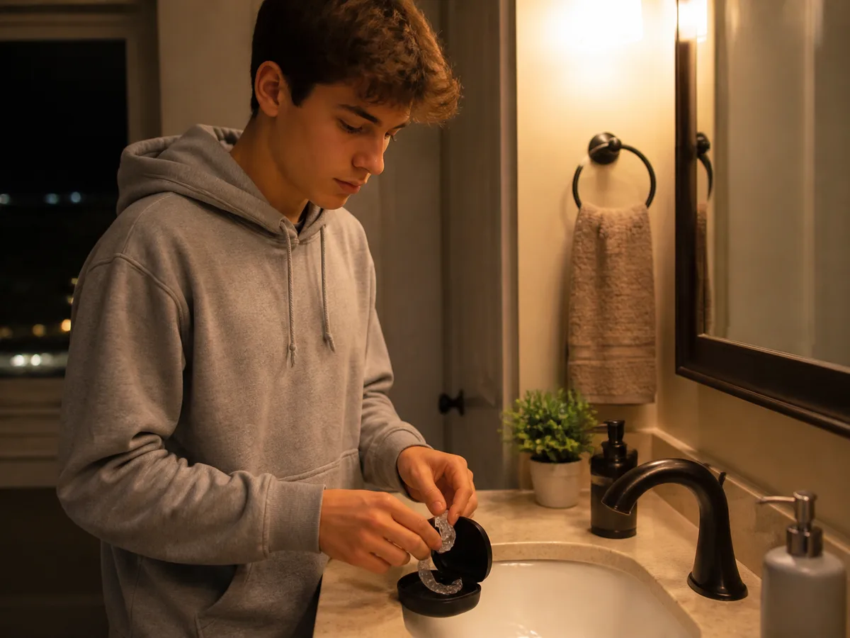 Patient placing a retainer case next to a toothbrush and cleaning tablet